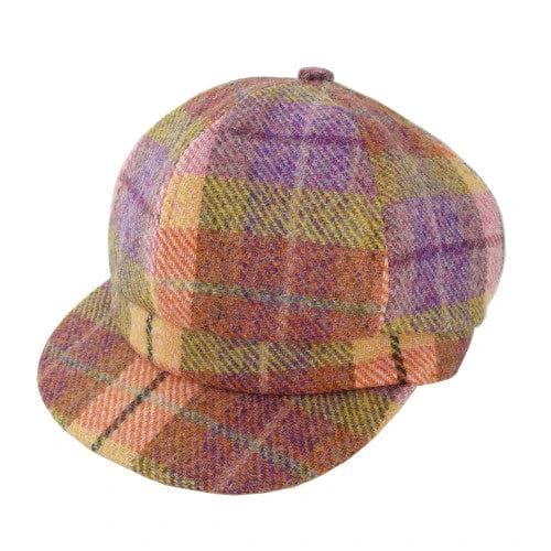 Dames Cap Oranje en Paars (Peach and Purple) Geruit - one size - Harris Tweed - Glen Appin of Scotland by MoodCompanyNL