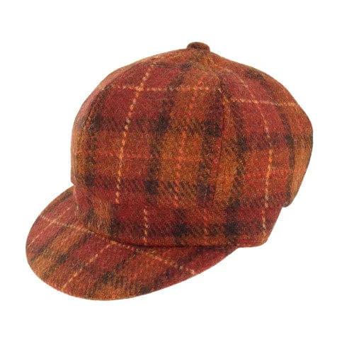 Dames Cap Roodbruin met oranje ruit - one size - Harris Tweed - Glen Appin of Scotland by MoodCompanyNL