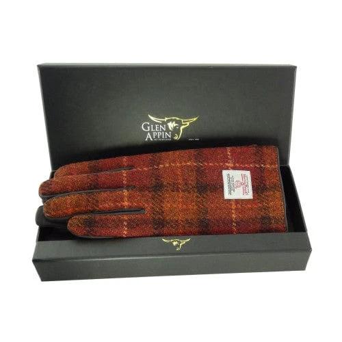 Dames Handschoenen Roestbruin Rood en Oranje ruit met Bruin Leer - Harris Tweed - Glen Appin of Scotland by MoodCompanyNL