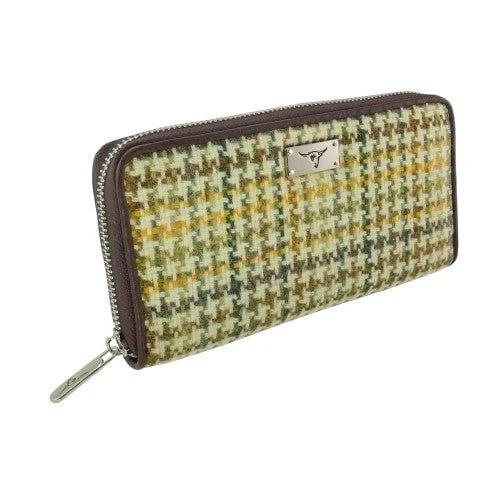 Dames Portemonnee Staffa Geel, groen, bruin dogtooth - Harris Tweed - muntvak met rits - Glen Appin of Scotland by MoodCompanyNL