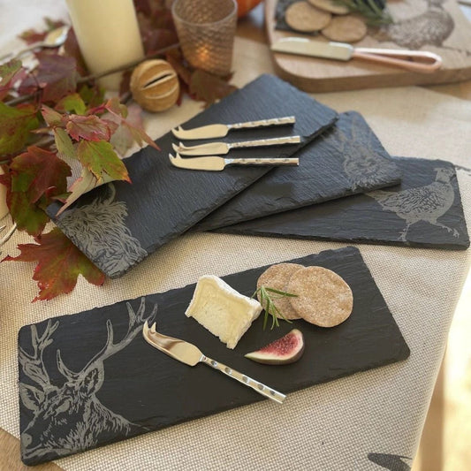 Kaasplankjes Country Animals - 4 stuks met mesjes - Cadeauset - Just Slate Company Scotland by MoodCompanyNL
