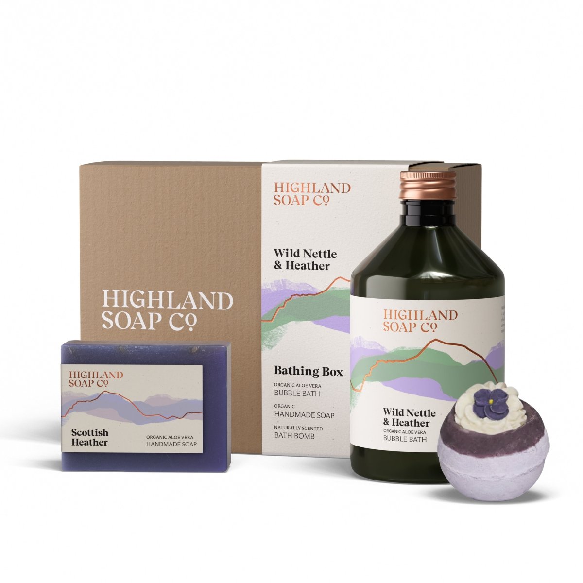 Mood Company - Luxe Badset – Badschuim, Biologische Zeep & Badbruisbal - Wild Nettle & Heather - Highland Soap Company -