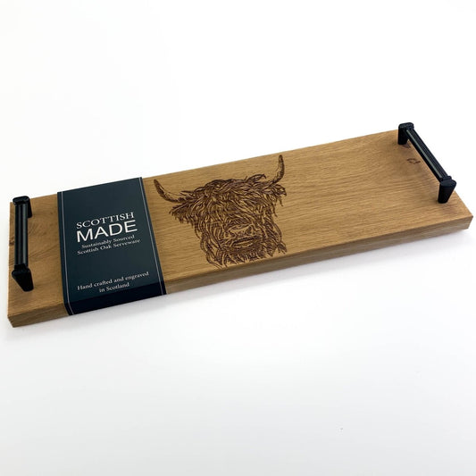 MoodCompanyNL - Serveerplank met stalen handvatten Schotse Hooglander - 45x15 - Schots Eikenhout - Scottish Made - 5060949550153