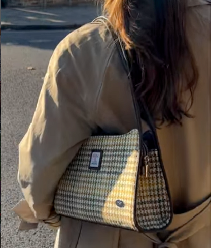 Shoulder Bag Fiddich Yellow, Green, Brown Dogtooth - Small - Zipper - Harris Tweed - Glen Appin of Scotland