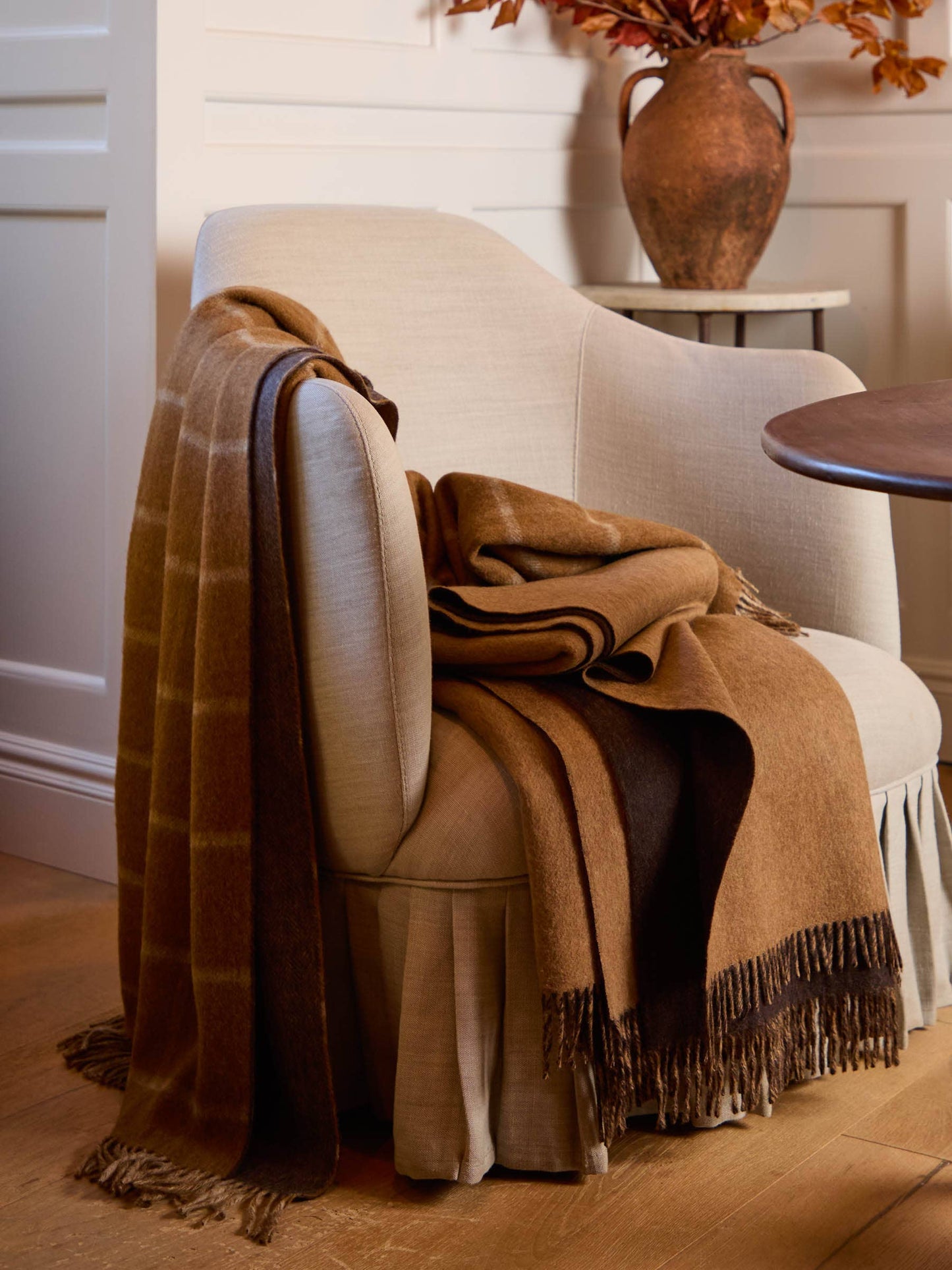 Herringbone Check Camel/Chocolate Throw - Country Side Collection - Merino Lambswool - 140x185 - Bronte by Moon Scotland