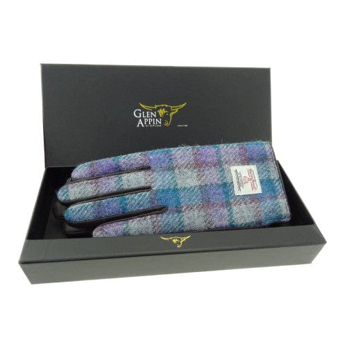 MoodCompanyNL - Dames handschoenen Grijs Blauw en Paars met Bruin Leer - Harris Tweed - Glen Appin of Scotland - 5060631374809