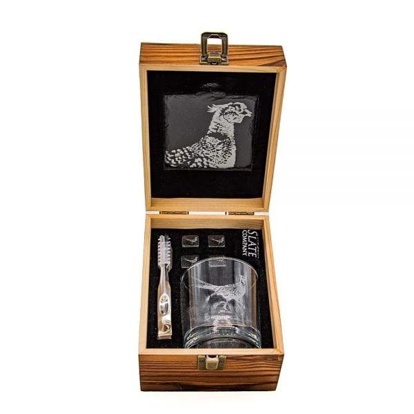 Geschenkset Fazant met Gegraveerd Whiskyglas Whiskystenen en Onderzetter - Just Slate Company Scotland by MoodCompanyNL