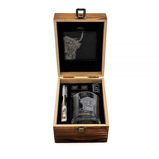 Geschenkset Hooglander met Gegraveerd Whiskyglas Whiskystenen en Onderzetter - Just Slate Company Scotland by MoodCompanyNL