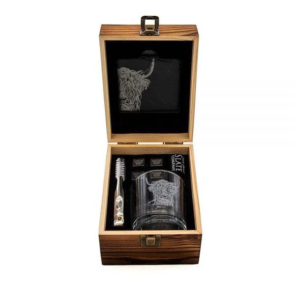 Geschenkset Hooglander met Gegraveerd Whiskyglas Whiskystenen en Onderzetter - Just Slate Company Scotland by MoodCompanyNL