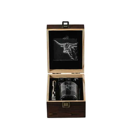 Mood Company - Geschenkset Texas Longhorn met Whiskyglas, Whiskystenen en Onderzetter - Just Slate Company Scotland - 5061040751005