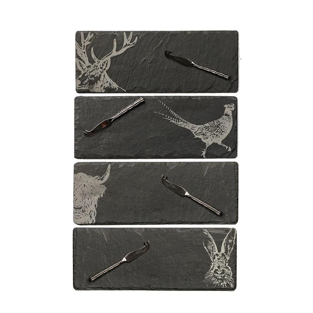 Kaasplankjes Country Animals - 4 stuks met mesjes - Cadeauset - Just Slate Company Scotland by MoodCompanyNL