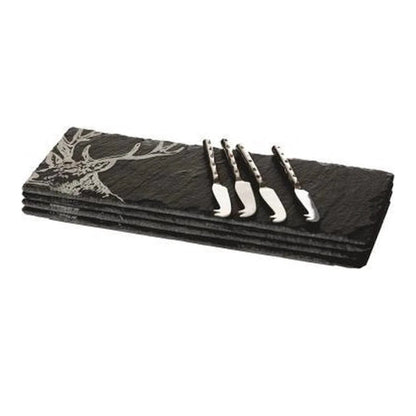 MoodCompanyNL - Kaasplankjes Edelhert - 4 stuks met mesjes - Cadeauset - Just Slate Company Scotland - 5060426288609