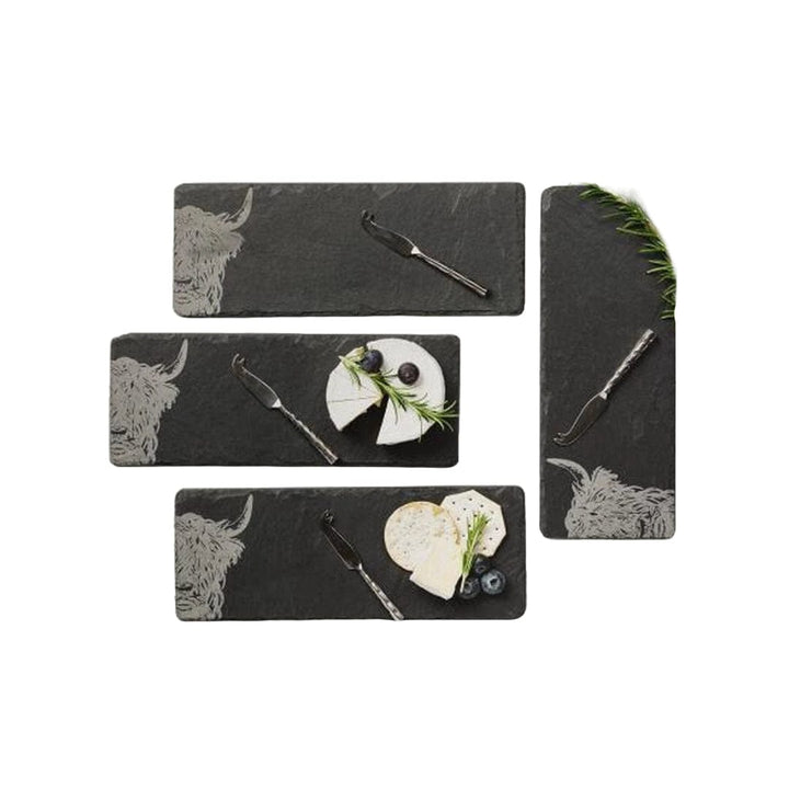 MoodCompanyNL - Kaasplankjes Schotse Hooglander - 4 stuks met mesjes - Cadeauset - Just Slate Company Scotland - 5060426288616