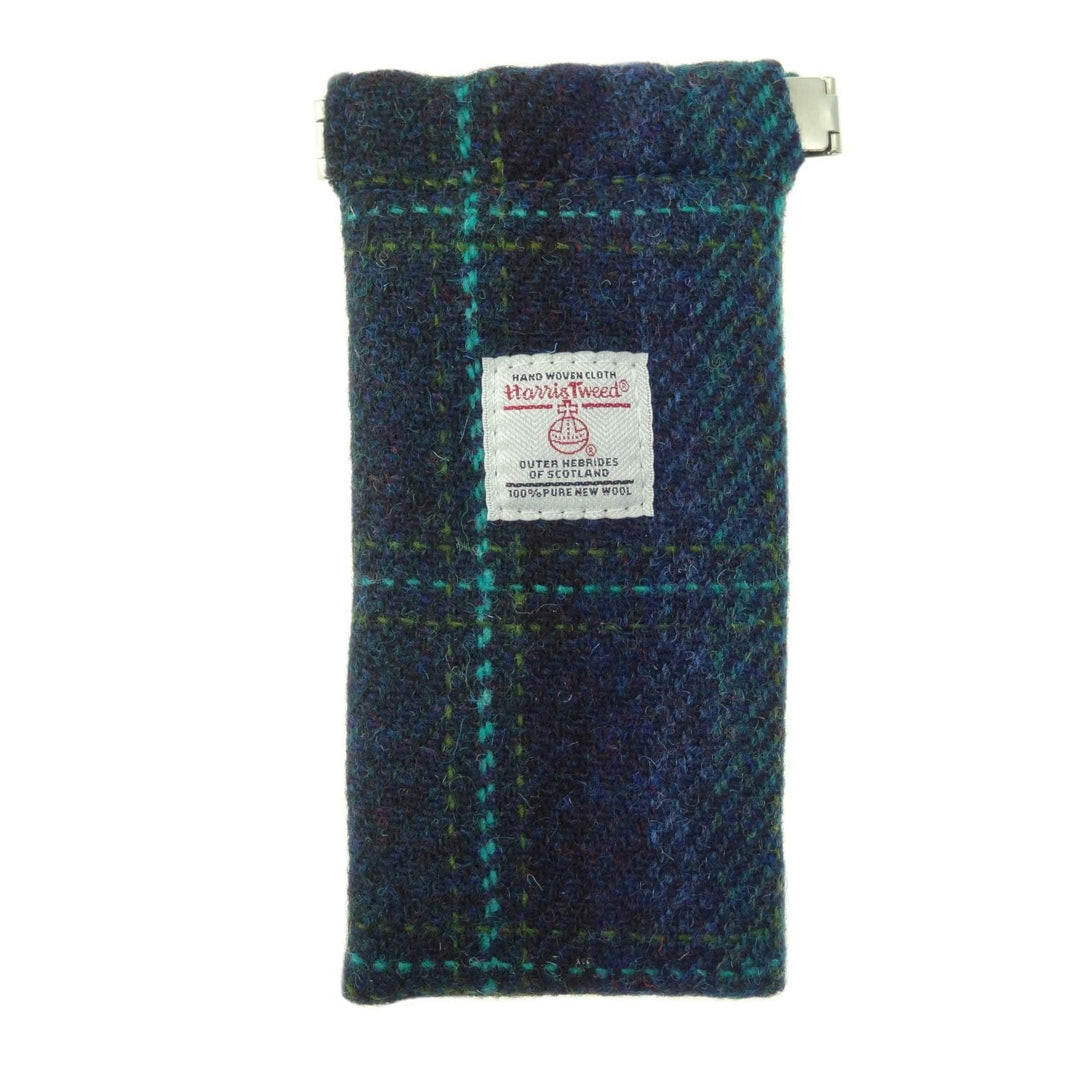 Mood_Company Brillenetui Blauw met Turquoise Ruit  - Harris Tweed - Metalen Clip - Glen Appin of Scotland Sjaals