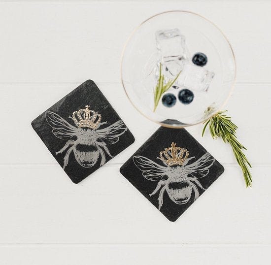 MoodCompanyNL - Onderzetters Bij met gouden kroon - Gegraveerd - Leisteen - Just Slate Company Scotland - 5060718710085
