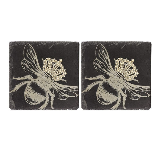 Mood Company - Onderzetters Bij met gouden kroon - Gegraveerd - Leisteen - Just Slate Company Scotland - 5060718710085