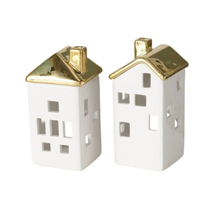 Theelichthouder huisje wit met goud - 2 stuks - H 15,5 cm - Boltze home by MoodCompanyNL