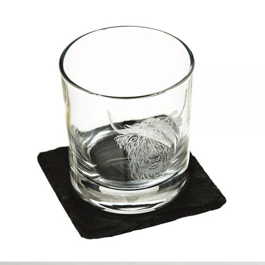 MoodCompanyNL - Whiskyglas Gegraveerd met Schotse Hooglander en leistenen onderzetter - Just Slate Company Scotland - 5060426287190